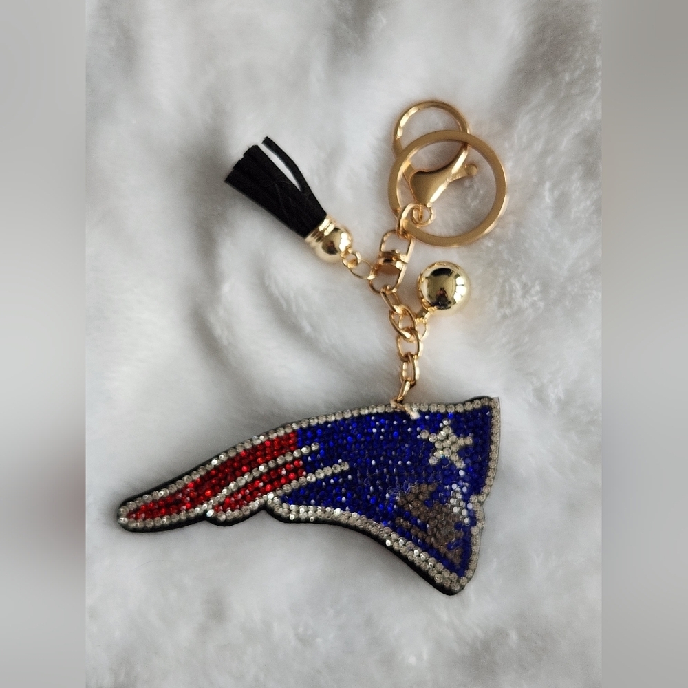 New England Patriots Rhinestone Keychain with Gold Accents Bag Charm